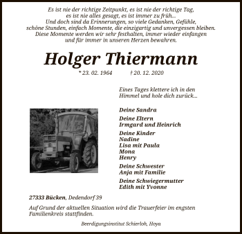 Traueranzeige von Holger Thiermann von SYK