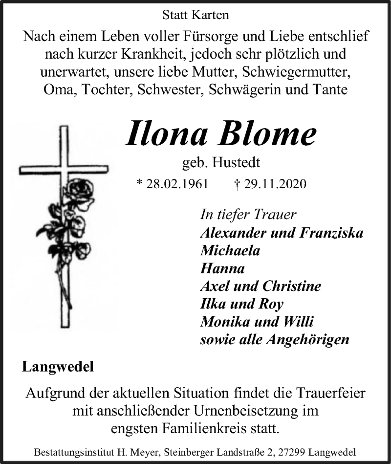  Traueranzeige für Ilona Blome vom 05.12.2020 aus SYK
