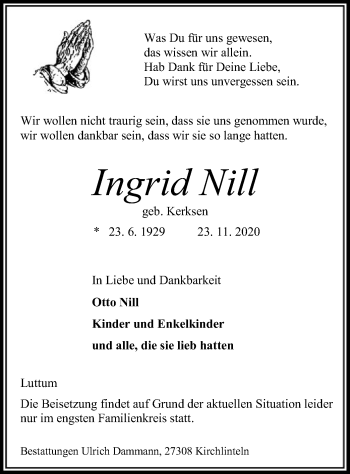 Traueranzeige von Ingrid Nill von SYK