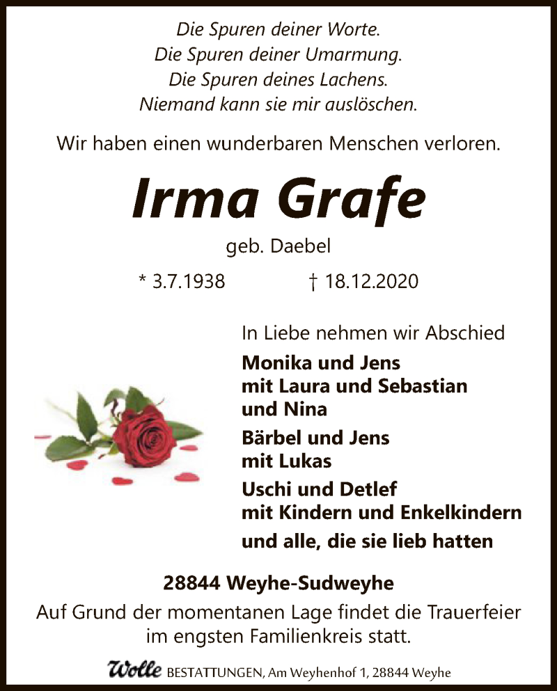  Traueranzeige für Irma Grafe vom 22.12.2020 aus SYK