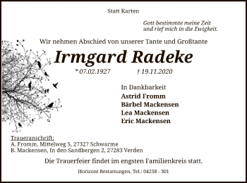 Traueranzeige von Irmgard Radeke von SYK