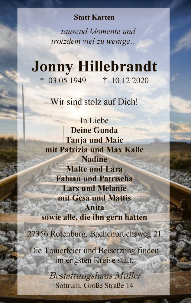  Traueranzeige für Jonny Hillebrandt vom 15.12.2020 aus SYK