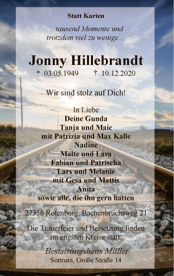 Traueranzeige von Jonny Hillebrandt von SYK