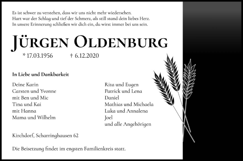  Traueranzeige für Jürgen Oldenburg vom 10.12.2020 aus SYK