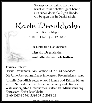 Traueranzeige von Karin Drenkhahn von SYK