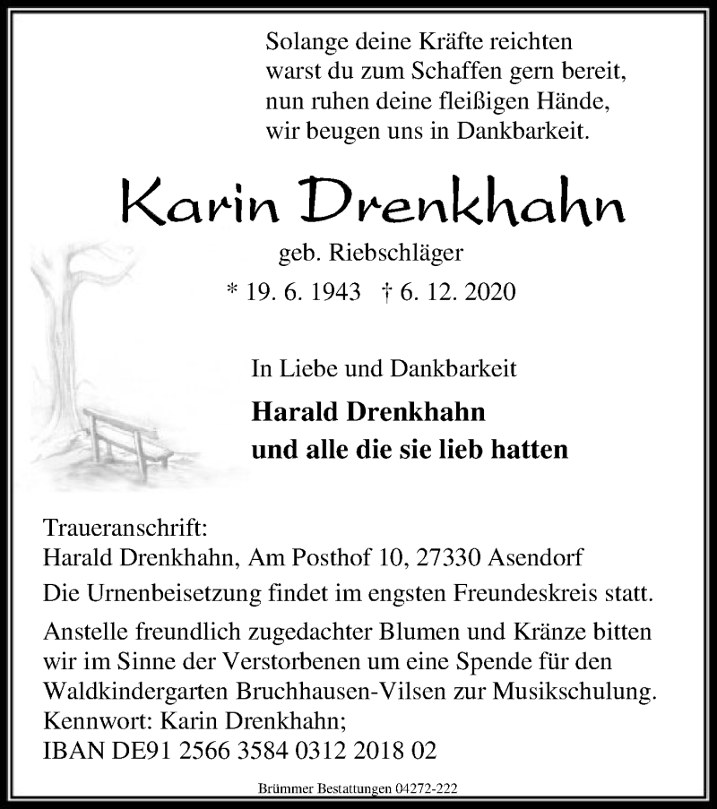  Traueranzeige für Karin Drenkhahn vom 09.12.2020 aus SYK