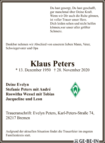 Traueranzeige von Klaus Peters von SYK