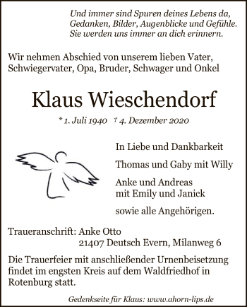 Traueranzeige von Klaus Wieschendorf von SYK