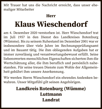 Traueranzeige von Klaus Wieschendorf von SYK