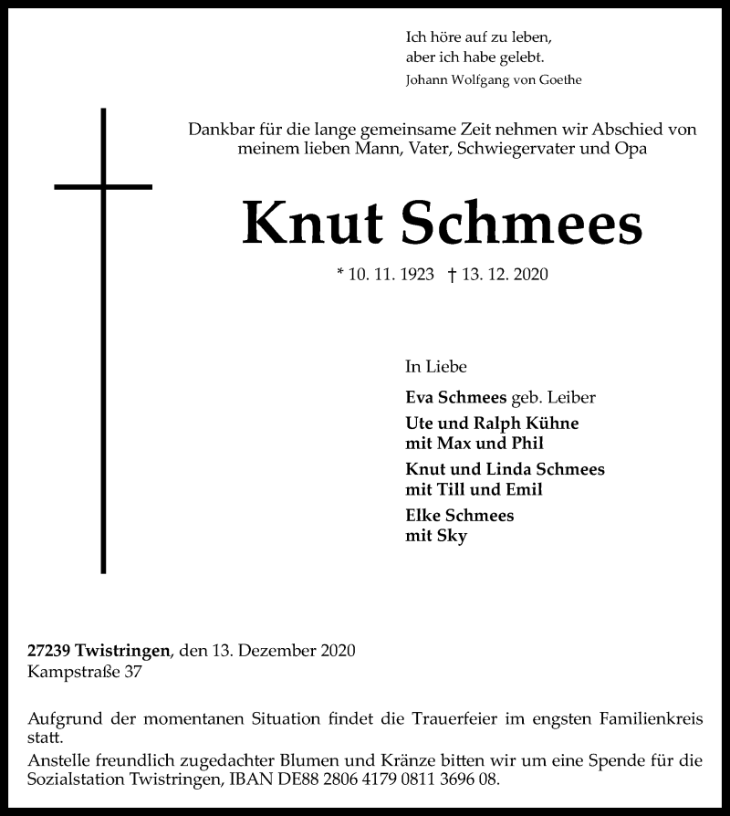  Traueranzeige für Knut Schmees vom 16.12.2020 aus SYK