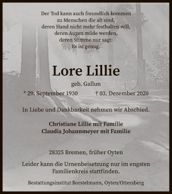 Traueranzeige von Lore Lillie von SYK