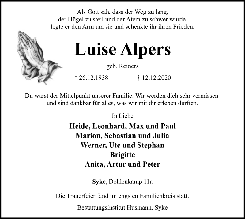  Traueranzeige für Luise Alpers vom 19.12.2020 aus SYK