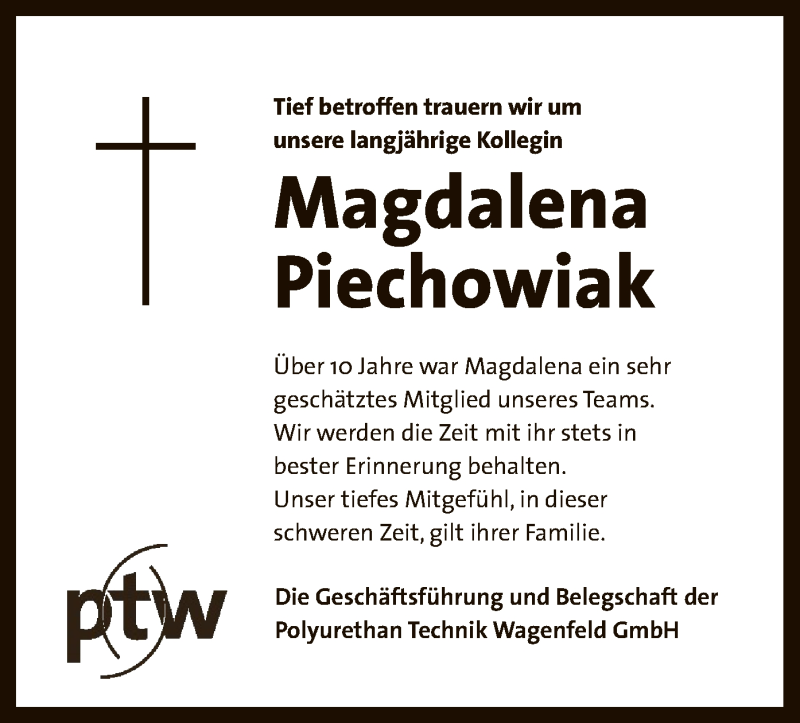  Traueranzeige für Magdalena Piechowiak vom 15.12.2020 aus SYK