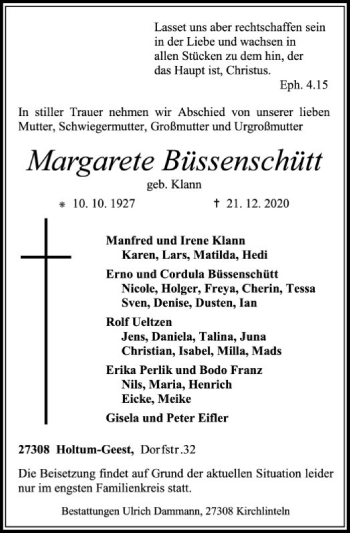 Traueranzeige von Margarete Büssenschütt von SYK