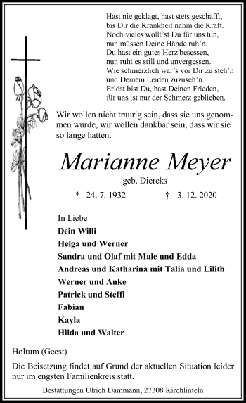 Traueranzeige von Marianne Meyer von SYK