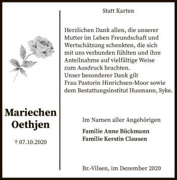 Traueranzeige von Marie Oethjen von SYK