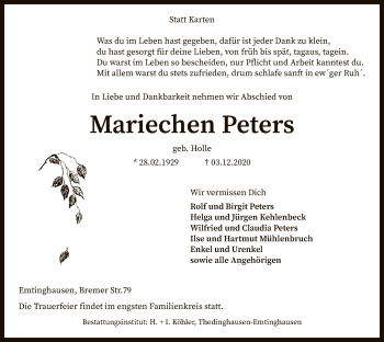 Traueranzeige von Mariechen Peters von SYK