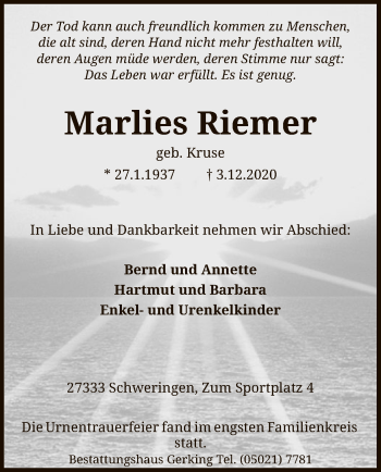 Traueranzeige von Marlies Riemer von SYK