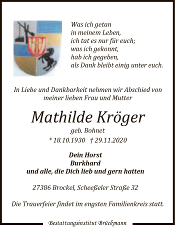 Traueranzeige von Mathilde Kröger von SYK