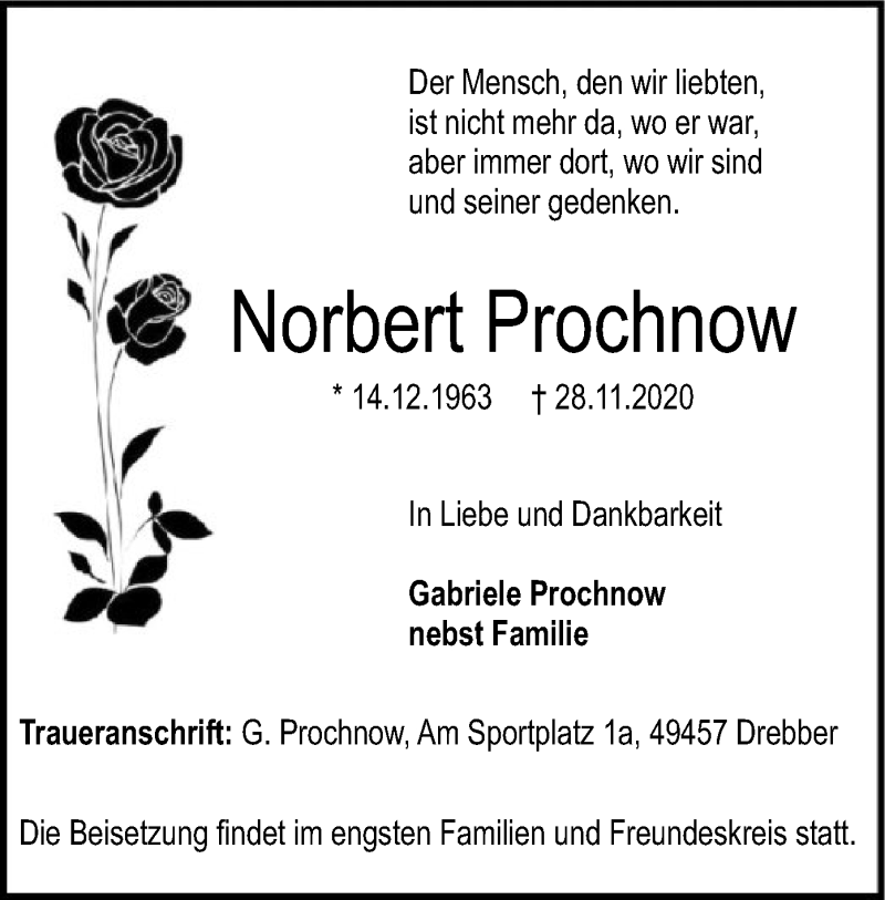  Traueranzeige für Norbert Prochnow vom 01.12.2020 aus SYK