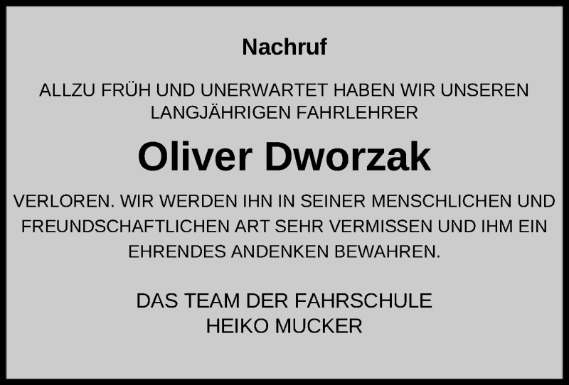  Traueranzeige für Oliver Dworzak vom 31.12.2020 aus SYK