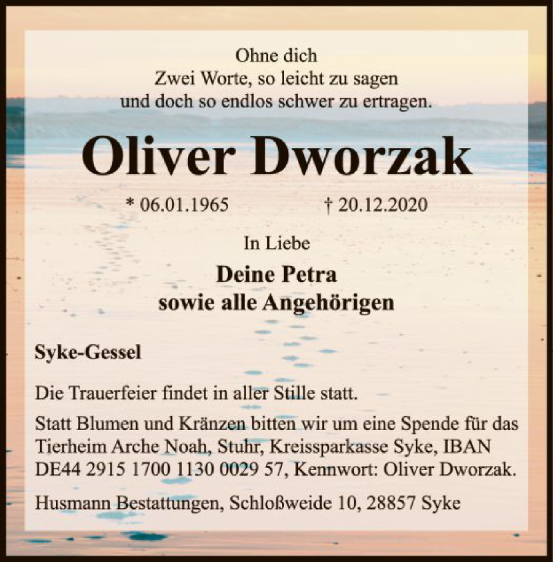  Traueranzeige für Oliver Dworzak vom 29.12.2020 aus SYK