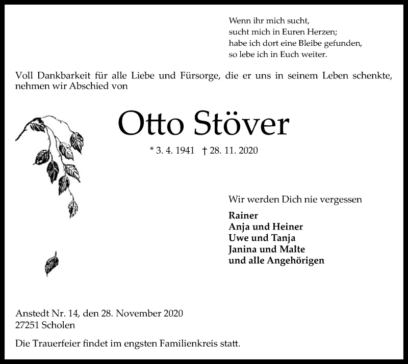  Traueranzeige für Otto Stöver vom 01.12.2020 aus SYK