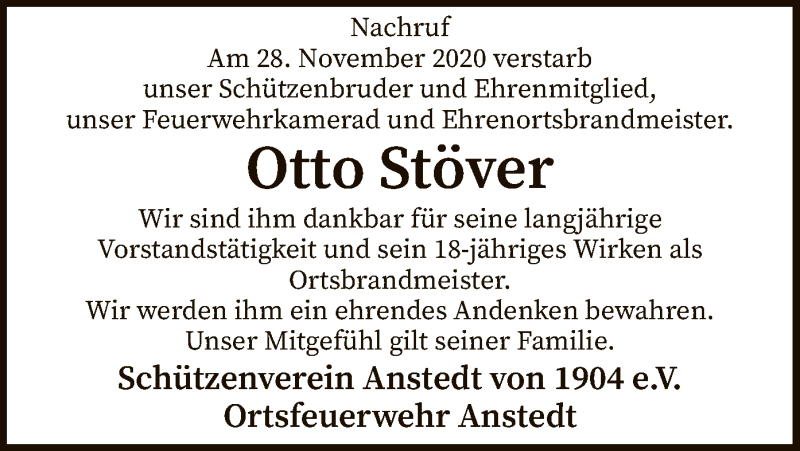  Traueranzeige für Otto Stöver vom 03.12.2020 aus SYK