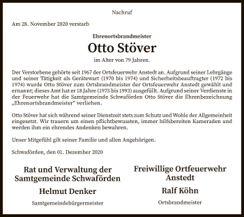 Traueranzeige von Otto Stöver von SYK