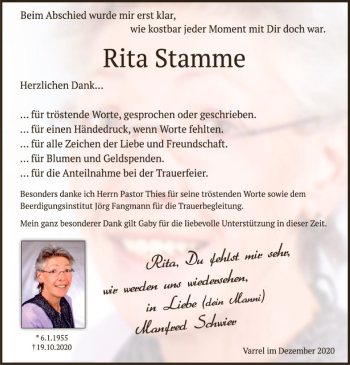 Traueranzeige von Rita Stamme von SYK