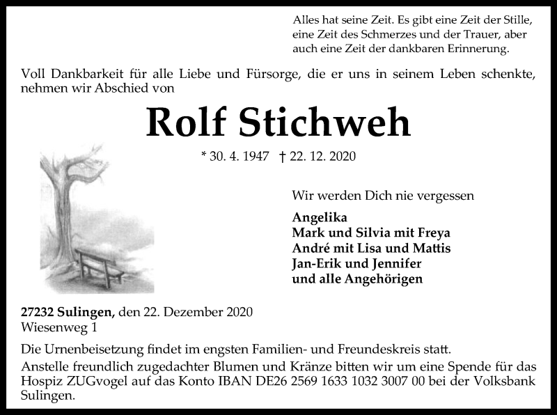  Traueranzeige für Rolf Stichweh vom 28.12.2020 aus SYK