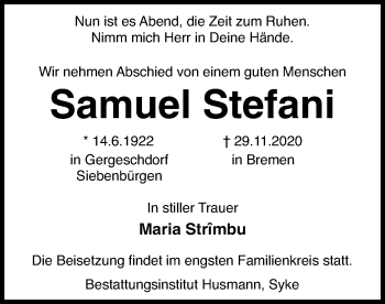 Traueranzeige von Samuel Stefani von SYK