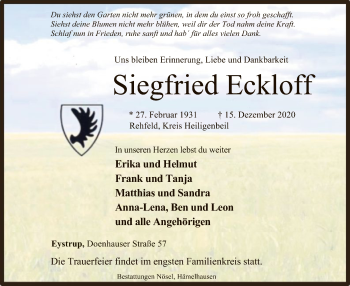 Traueranzeige von Siegfried Eckloff von SYK