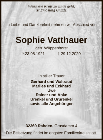 Traueranzeige von Sophie Vatthauer von SYK