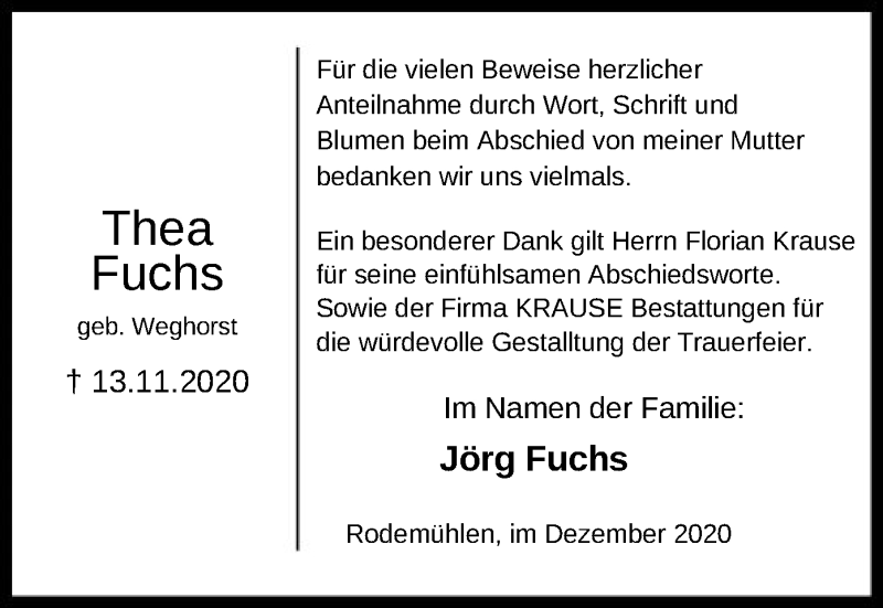  Traueranzeige für Thea Fuchs vom 19.12.2020 aus SYK