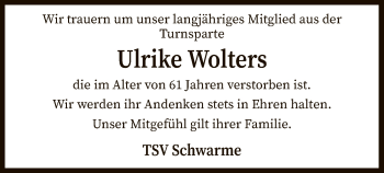 Traueranzeige von Ulrike Wolters von SYK