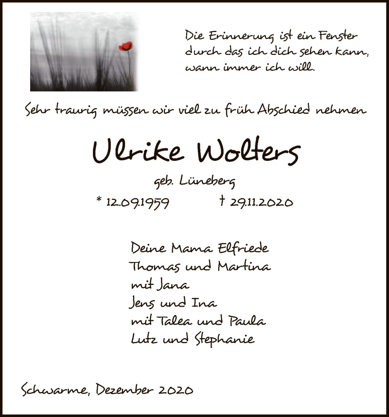  Traueranzeige für Ulrike Wolters vom 05.12.2020 aus SYK