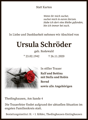 Traueranzeige von Ursula Schröder von SYK