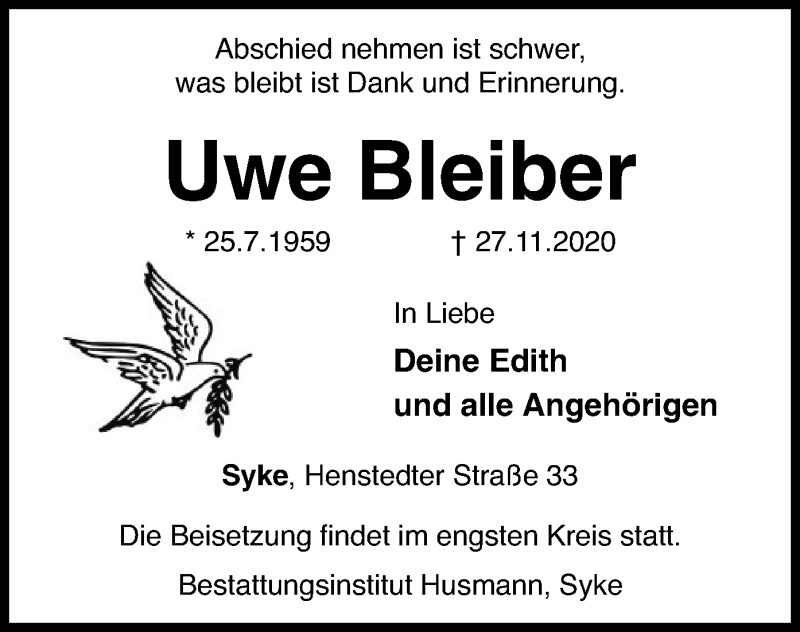  Traueranzeige für Uwe Bleiber vom 05.12.2020 aus SYK
