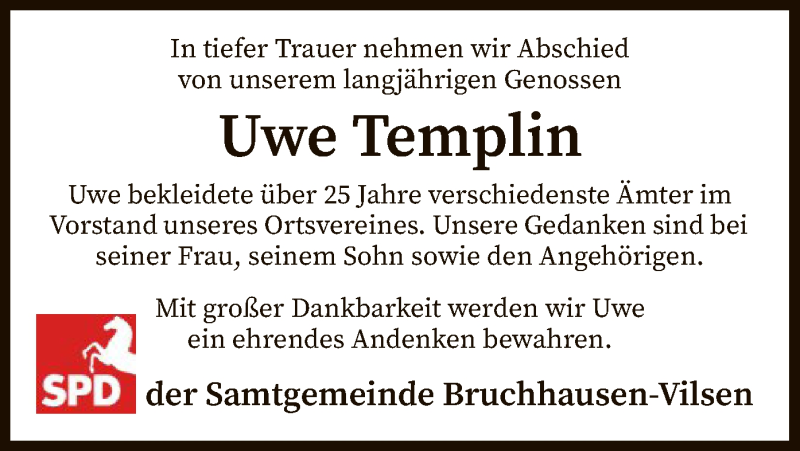  Traueranzeige für Uwe Templin vom 10.12.2020 aus SYK