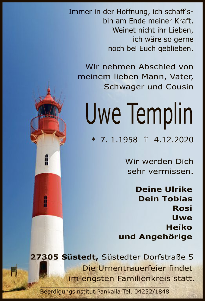  Traueranzeige für Uwe Templin vom 08.12.2020 aus SYK