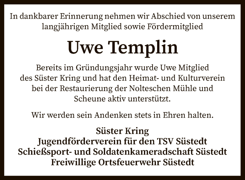  Traueranzeige für Uwe Templin vom 10.12.2020 aus SYK