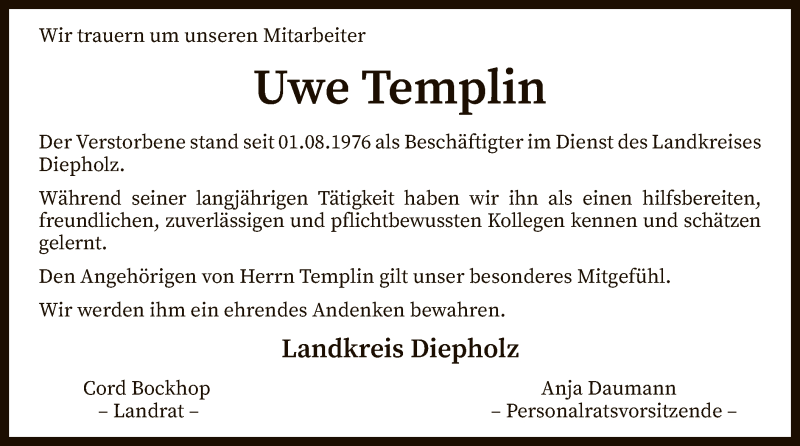  Traueranzeige für Uwe Templin vom 09.12.2020 aus SYK