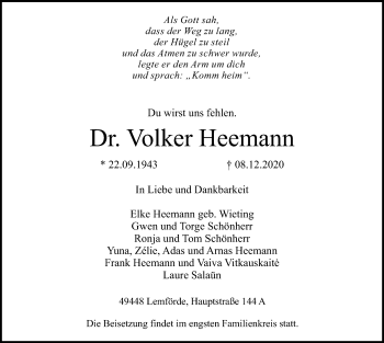 Traueranzeige von Volker Heemann von SYK