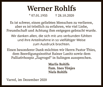 Traueranzeige von Werner Rohlfs von SYK