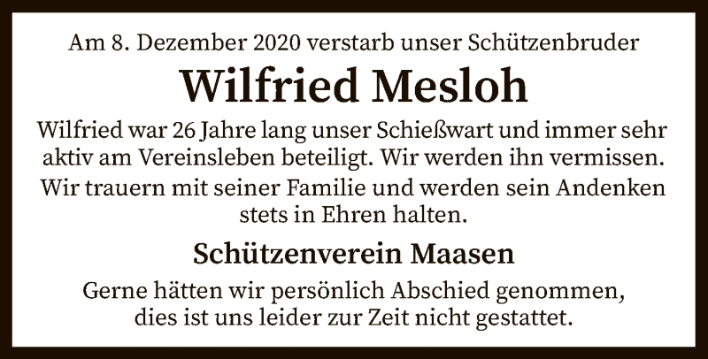  Traueranzeige für Wilfried Mesloh vom 15.12.2020 aus SYK