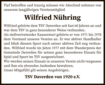 Traueranzeige von Wilfried Nühring von SYK