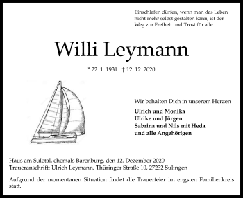 Traueranzeige von Willi Leymann von SYK