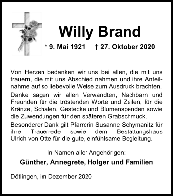 Traueranzeige von Willy Brand von SYK