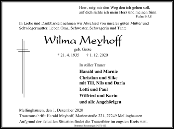 Traueranzeige von Wilma Meyhoff von SYK